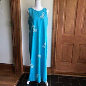 SUSAN BRISTOL Beaded Seahorse Turquoise Sleeveless Maxi Dress Vintage M